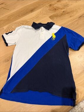 Polo by Ralph Lauren Boys Blue, White & Navy Diagonal Colorblock Polo